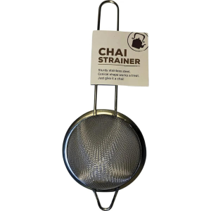 A conical shaped, stainless steel chai strainer.